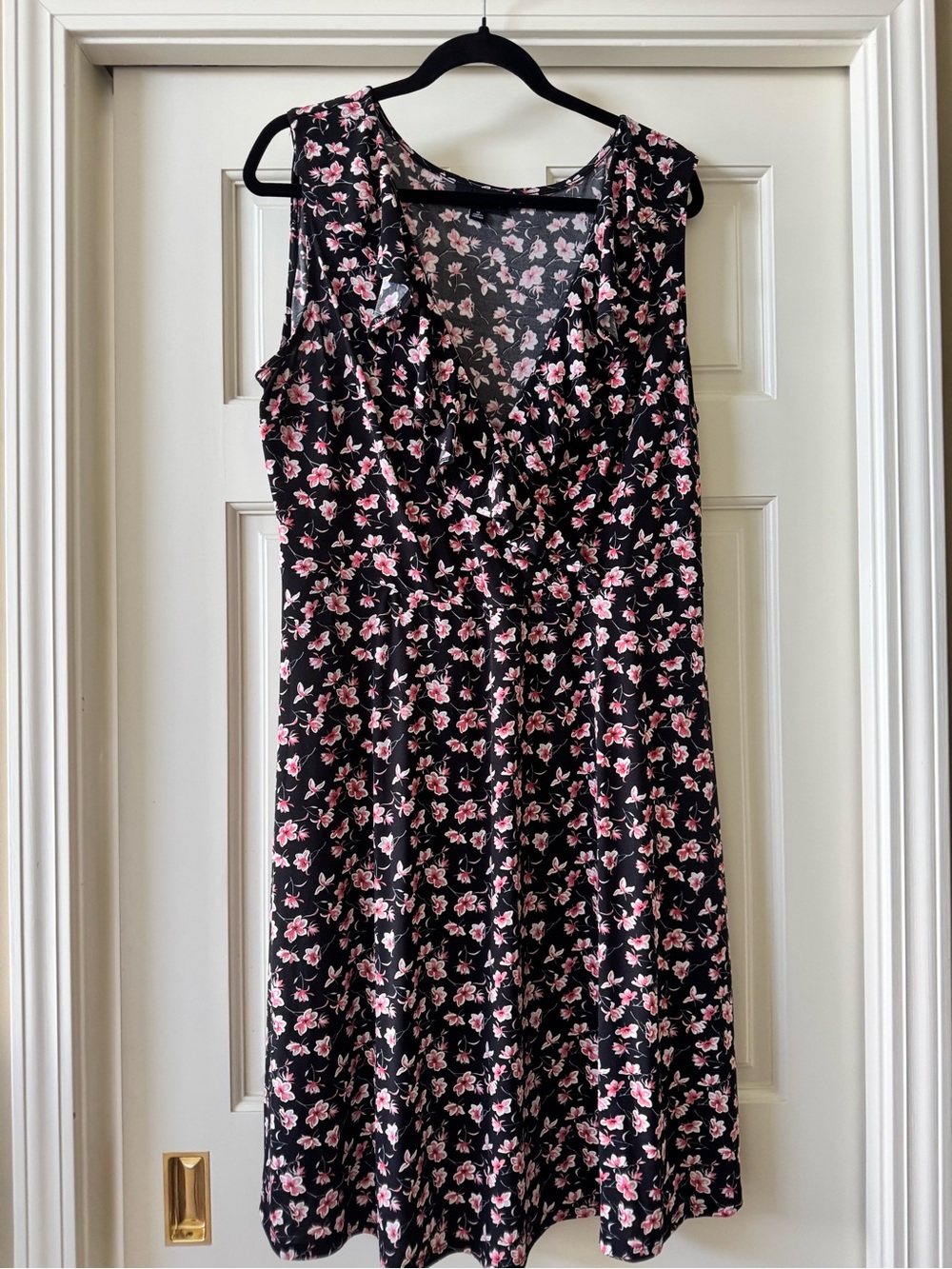 Black Floral Sleeveless A-Line Dress with Pink Flowers